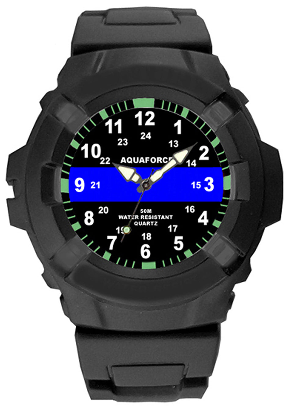 Aqua Force Thin Blue Line Police Officer Rugged Pu Rubber Watch (50m Water Resistant)
